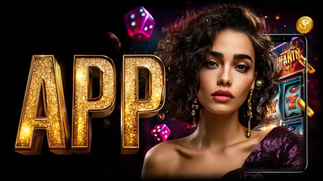 687Bet App - Dados e Slots na Palma da Mão Jovem moderna com brincos dourados ao lado do app móvel 687Bet, dados roxos e caça-níqueis em tela de smartphone