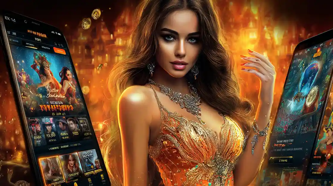 687Bet Premium - Cassino Mobile de Luxo Mulher deslumbrante em vestido dourado com smartphones 687Bet, ambiente de cassino premium com efeitos dourados