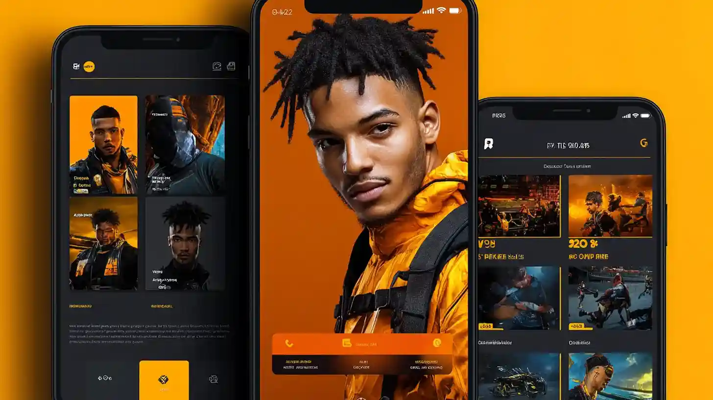 687Bet Interface - Gaming Mobile Avançado Três dispositivos móveis mostrando interface laranja do 687Bet, jovem com dreadlocks e variedade de jogos disponíveis