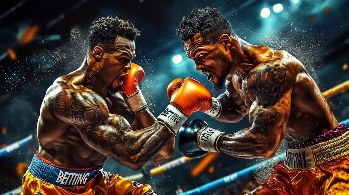 687Bet Boxing - Apostas em Lutas Emocionantes Luta de boxe intensa com dois lutadores tatuados usando luvas BETTING, ação explosiva nas apostas esportivas do 687Bet