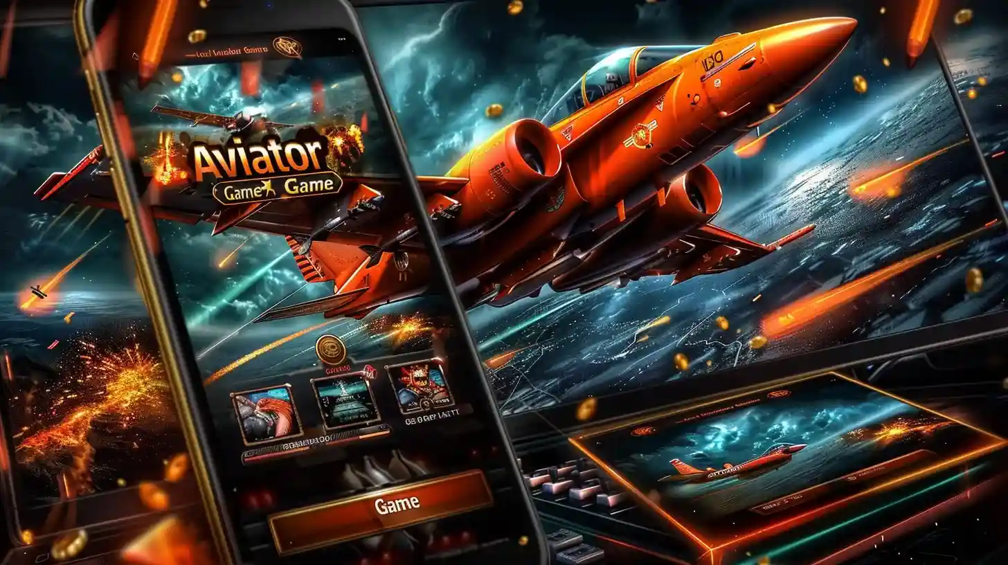 Jogo Aviator do 687Bet em smartphone com caças laranja voando dramaticamente, aventura aérea emocionante em dispositivos móveis
