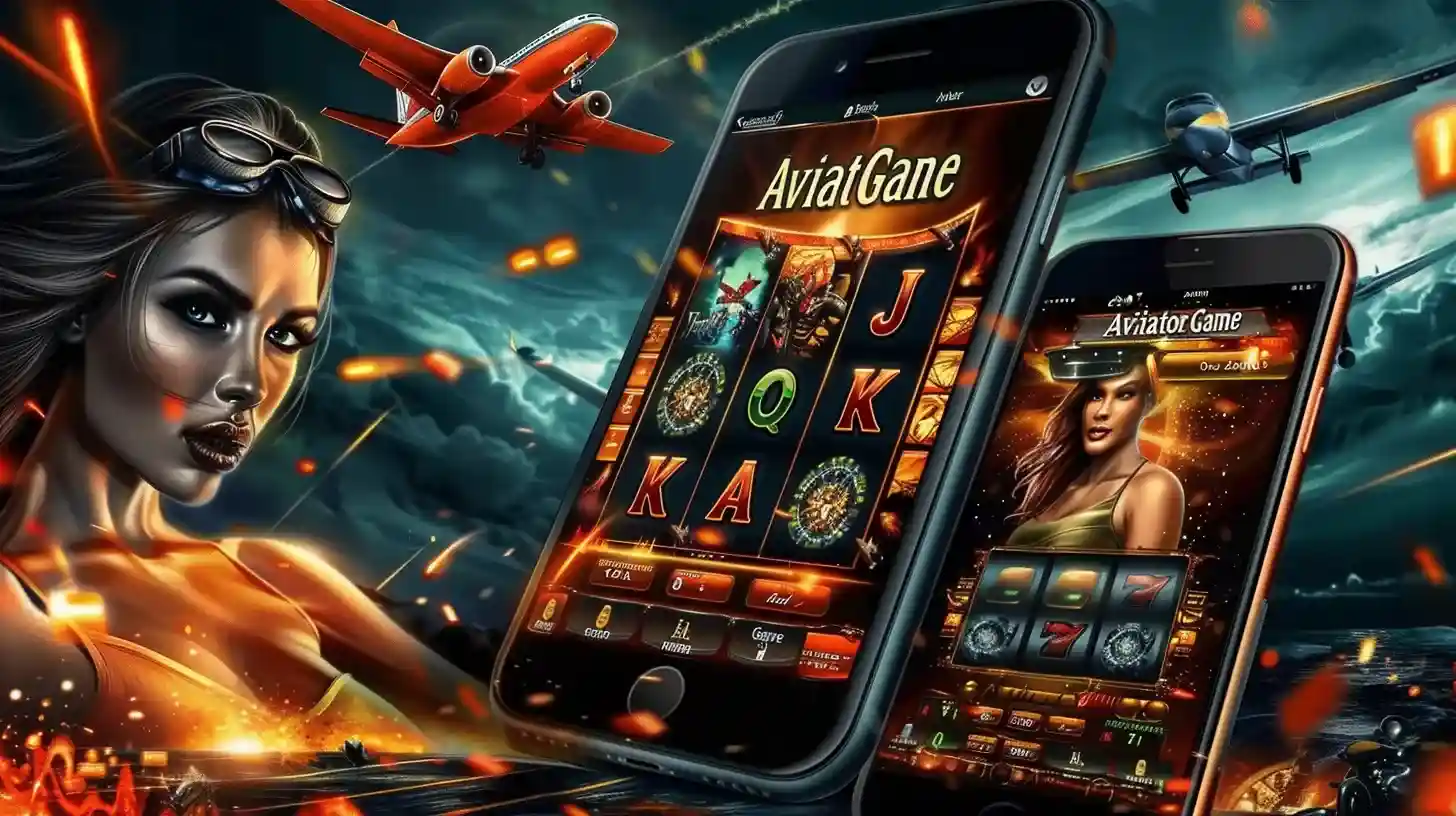 Mulher piloto com óculos vintage e smartphones exibindo jogo Aviator do 687Bet, aviões em ação no fundo tempestuoso
