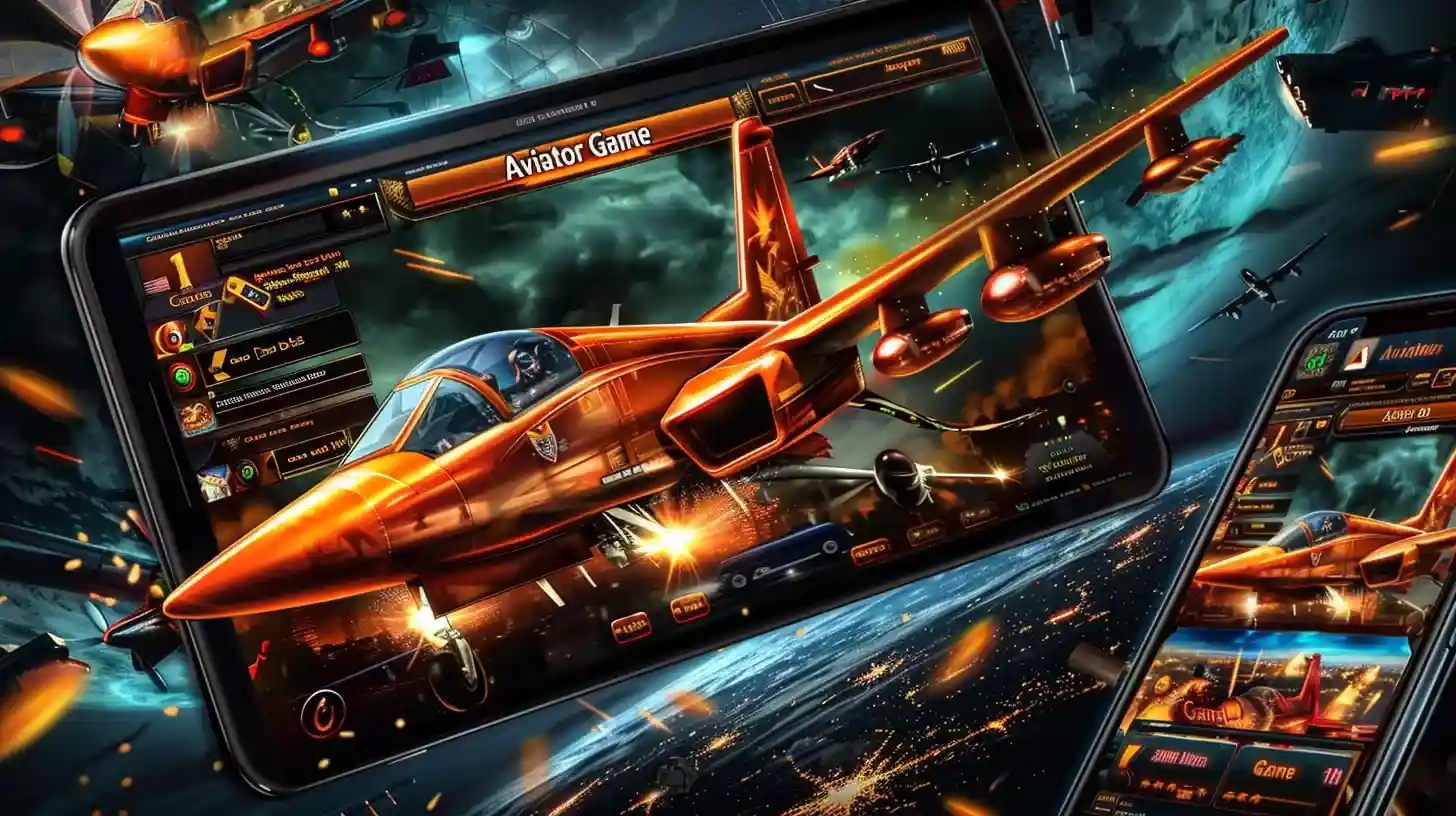 Múltiplos dispositivos móveis mostrando jogo Aviator 687Bet com aviões de combate laranja em batalha aérea épica