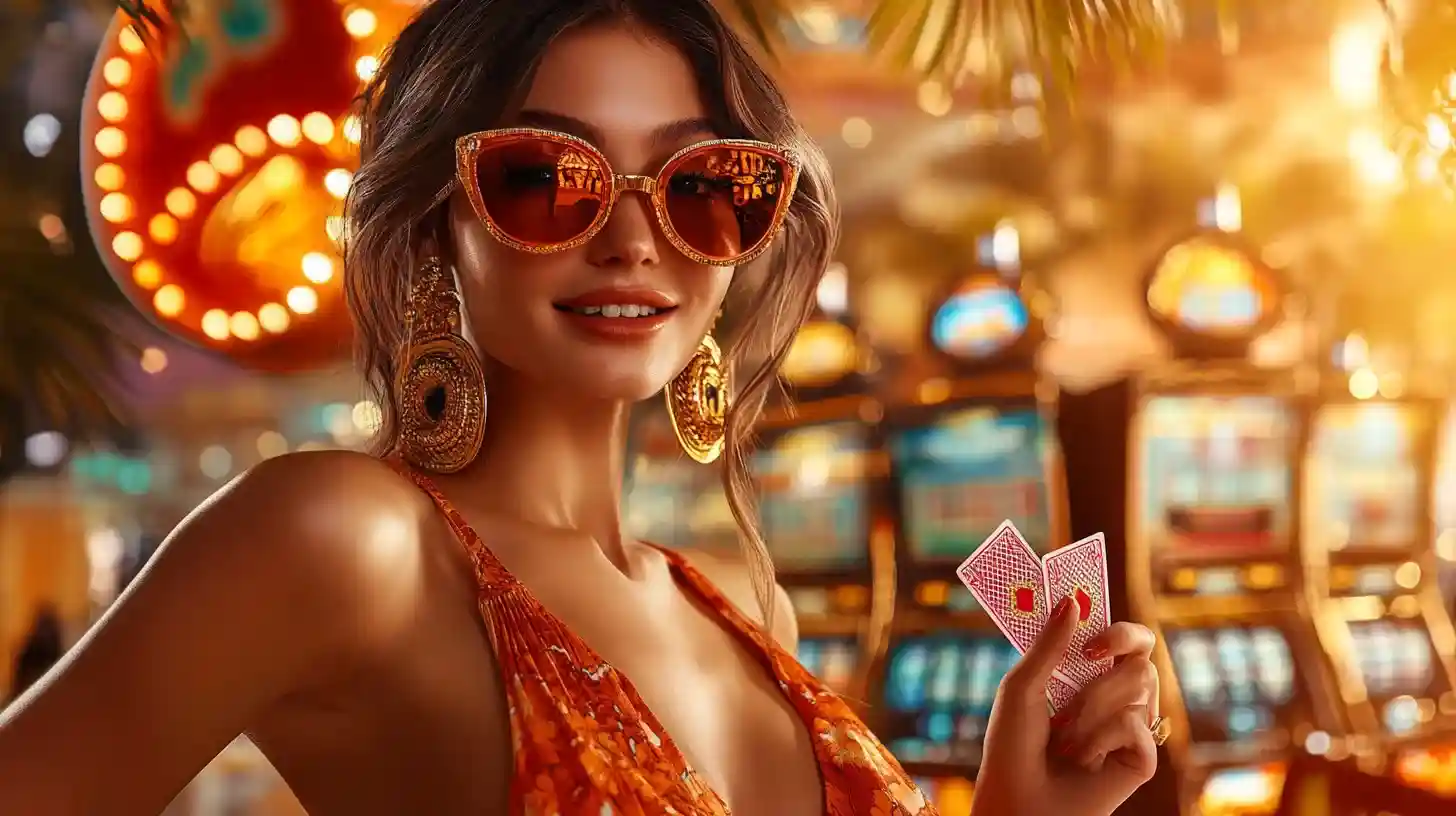 Mulher glamorosa com óculos dourados e brincos vintage segurando cartas de poker, estilo retrô chique do 687Bet