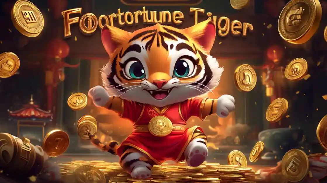Tigre fofo da sorte com roupas vermelhas cercado de moedas douradas no Fortune Tiger slot do cassino 687Bet