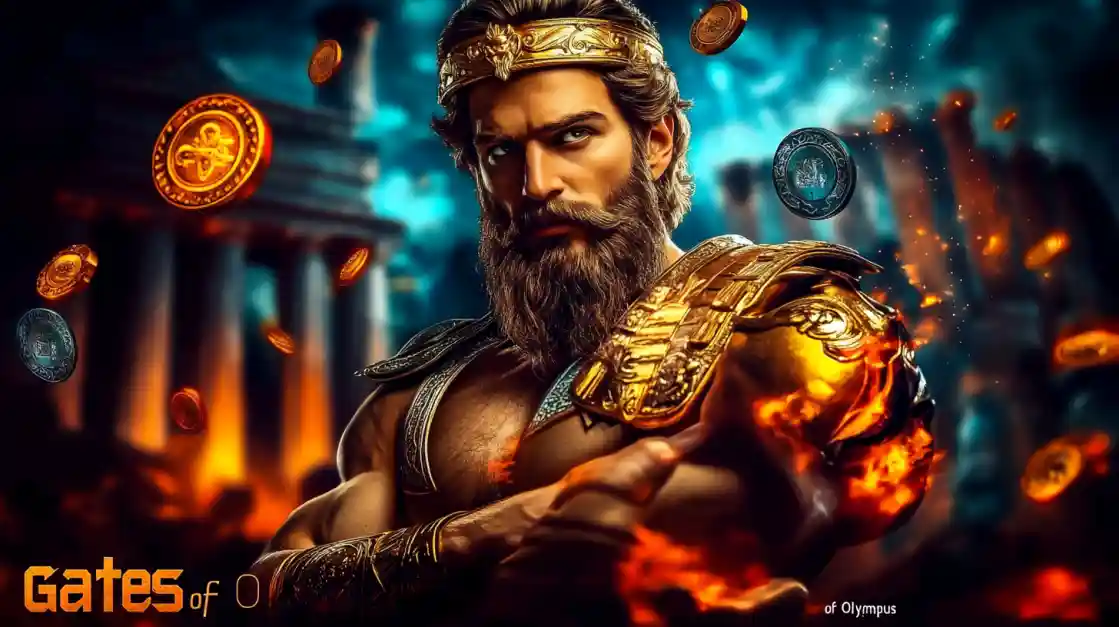 Zeus poderoso com armadura dourada e moedas flutuantes no Gates of Olympus, slot mitológico épico do 687Bet