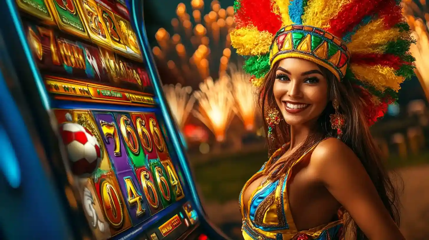 687Bet Carnaval - Slots com Energia Brasileira Mulher brasileira sorridente com cocar de penas coloridas jogando caça-níqueis 687Bet, tema carnavalesco festivo e alegre