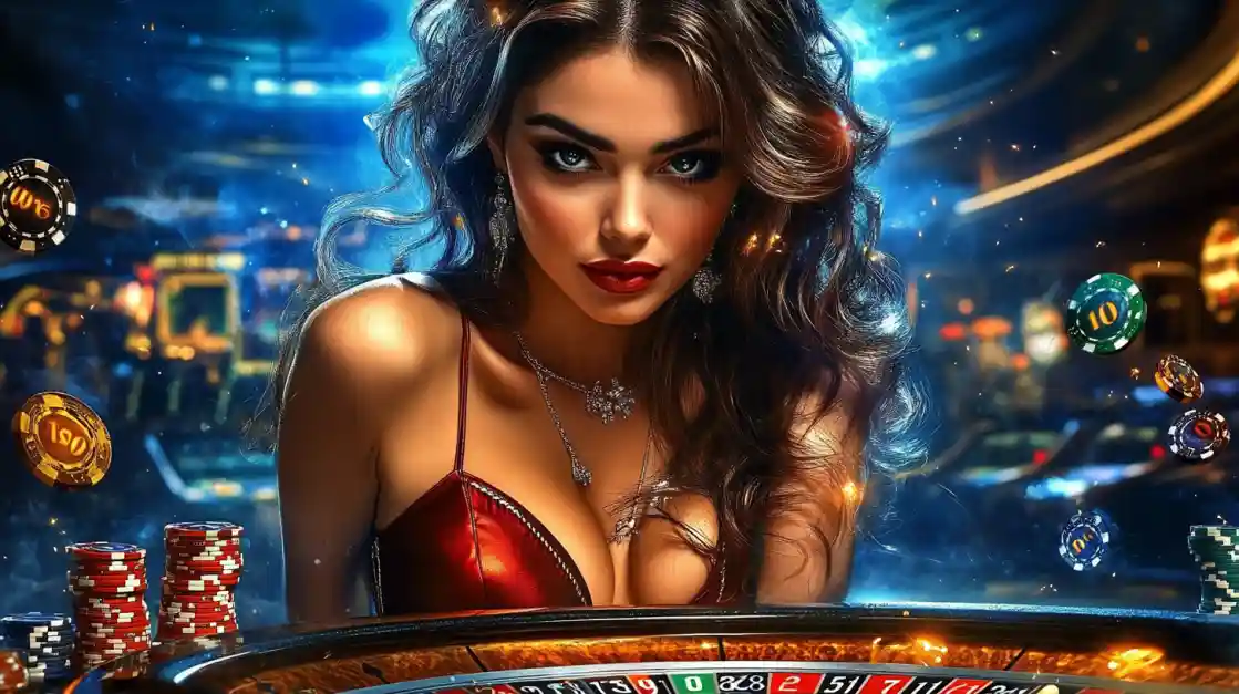 687Bet Roulette - Glamour e Sofisticação Mulher deslumbrante de vestido vermelho jogando roleta no cassino 687Bet, fichas flutuando em ambiente luxuoso noturno