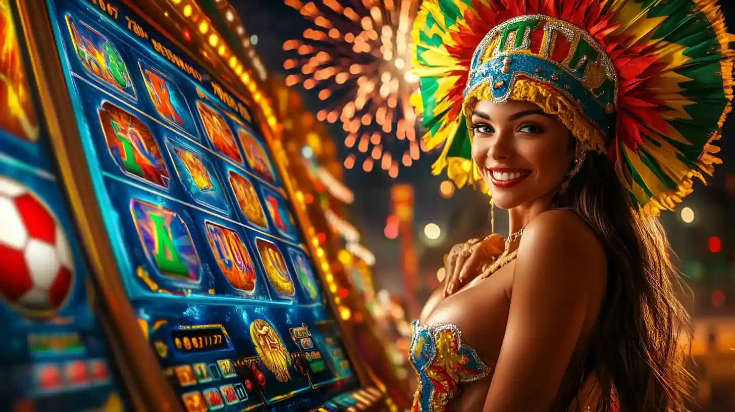687Bet Slots - Tema Asteca e Grandes Prêmios Princesa asteca sorridente com cocar de penas coloridas jogando caça-níqueis no cassino 687Bet, tema cultural vibrante