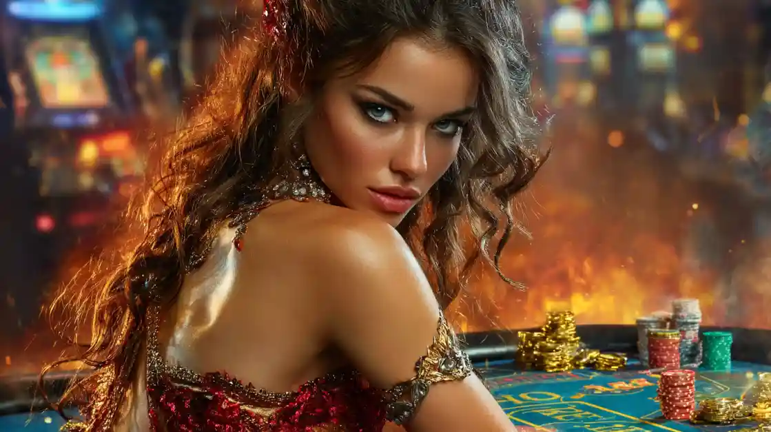 Cassino 687Bet - Poker de Alto Nível com Glamour Mulher elegante em vestido vermelho brilhante jogando poker no cassino 687Bet, com fichas douradas e atmosfera luxuosa de Las Vegas