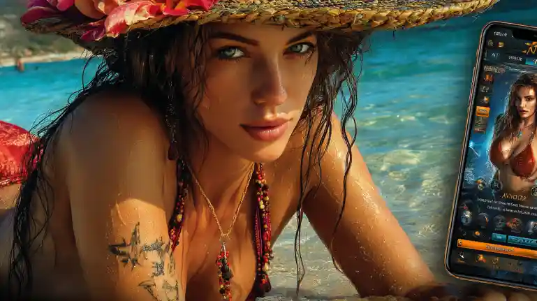 687Bet Mobile - Jogos de Cassino na Praia Jovem atraente com chapéu de palha jogando no celular na praia tropical, aproveitando os jogos móveis do cassino 687Bet