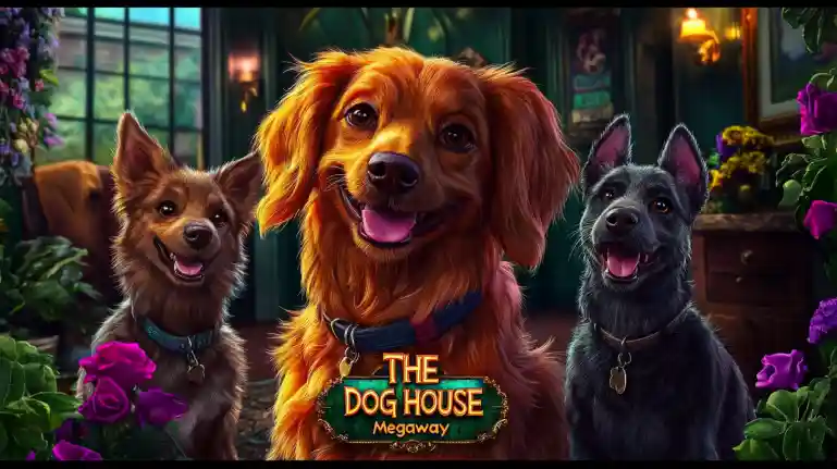 687Bet - Dog House Megaway Slot Encantador Três cães adoráveis sorrindo em ambiente florido no slot Dog House Megaway do cassino 687Bet, atmosfera acolhedora e divertida