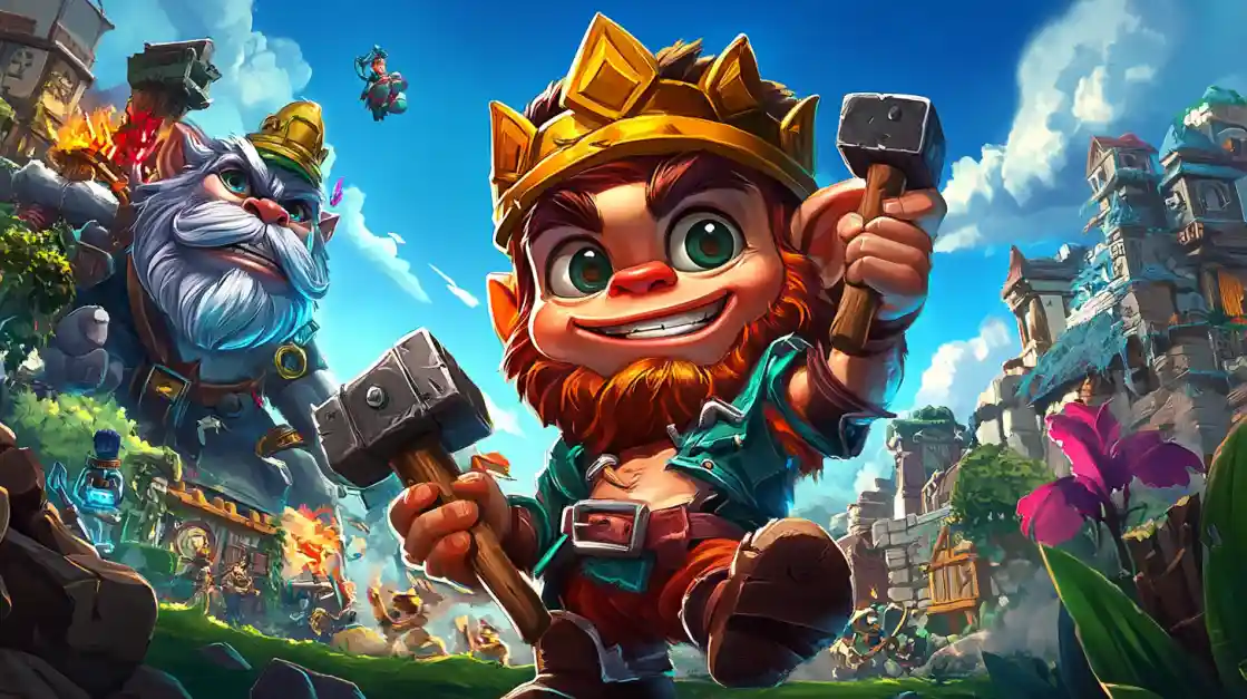 687Bet Fantasy - Aventuras Épicas e Tesouros Personagem anão barbudo com martelo dourado em mundo fantástico colorido, jogos de aventura épicos no 687Bet