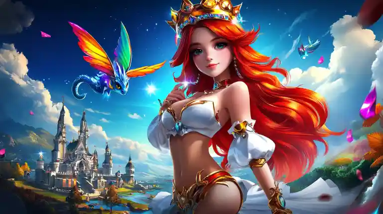 687Bet Fantasy - Princesa e Dragões Mágicos Princesa ruiva majestosa com coroa dourada e dragão voador em reino mágico, jogos fantasy premium do 687Bet