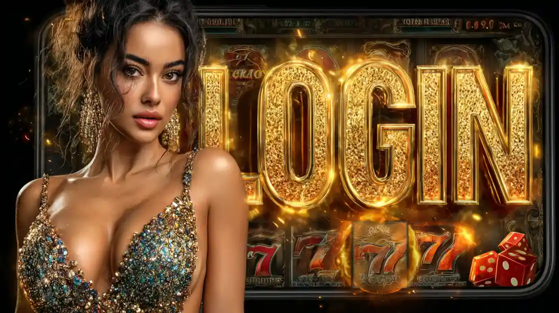 Mulher elegante celebrando vitória no jackpot móvel 687Bet, tela do celular mostrando LOGIN e símbolos dourados