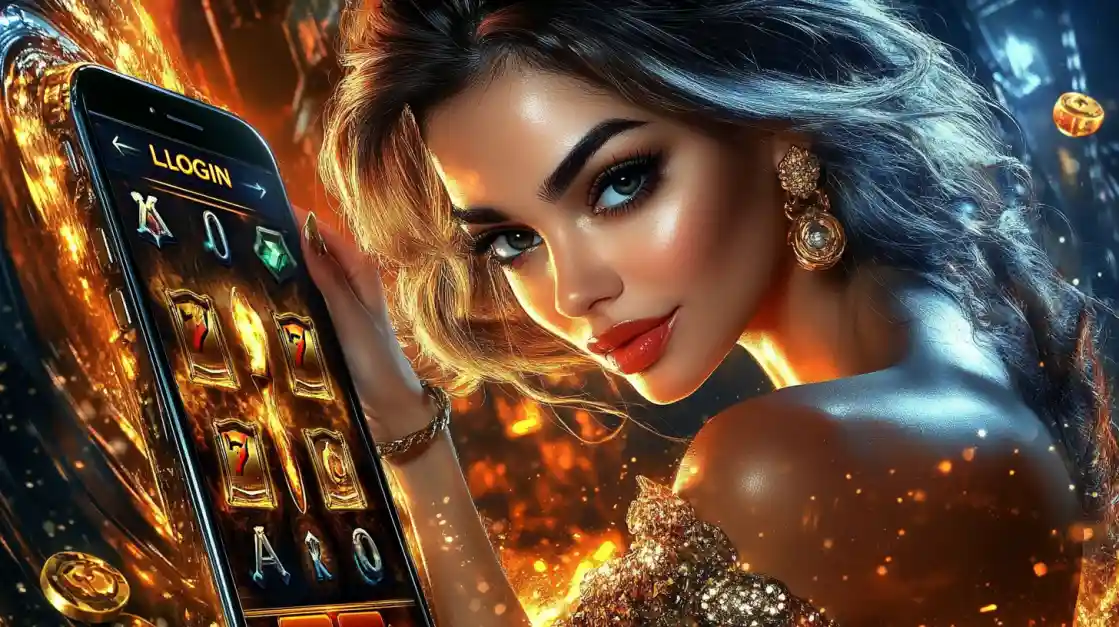 Modelo glamorosa com joias douradas segurando smartphone com tela de login 687Bet, atmosfera de cassino luxuoso